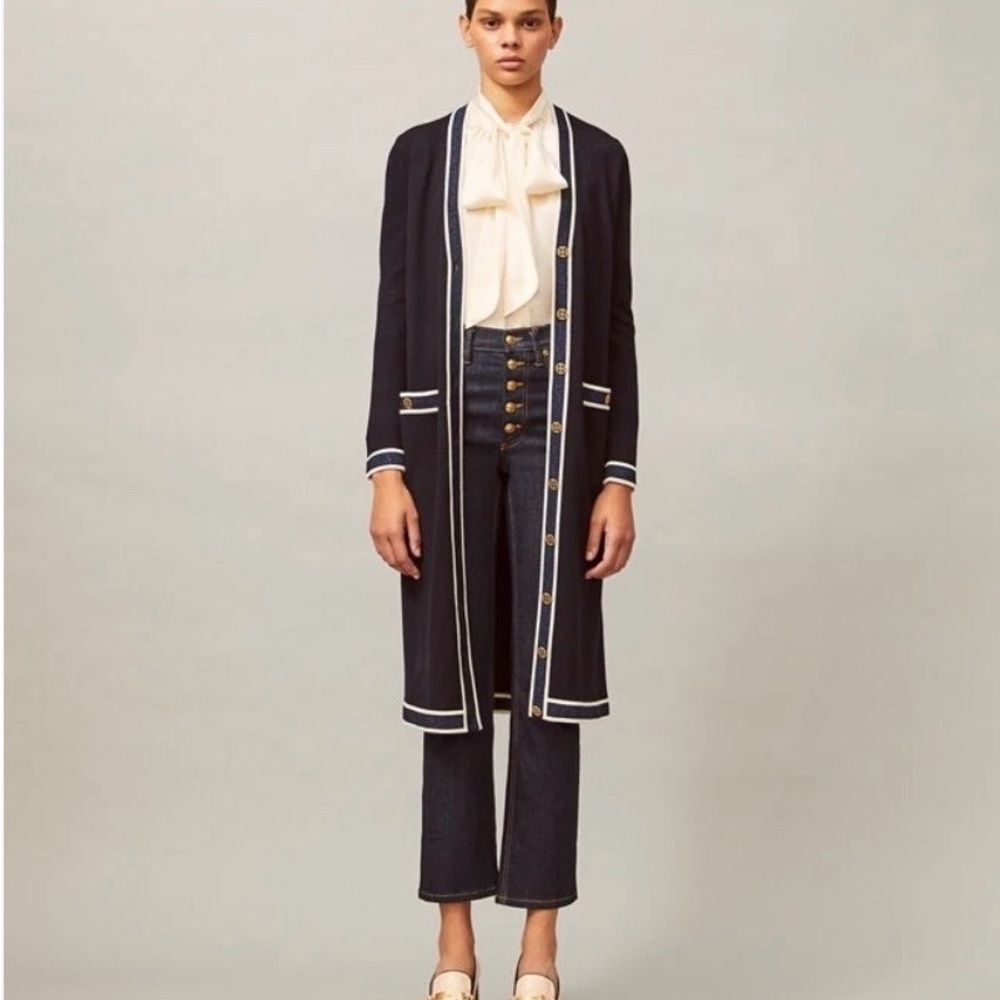 Tory Burch Madeline Navy Long Line Cardigan NWOT size XL